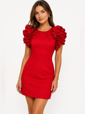 100% Silk Bensoni Red Ruffle Mini Dress Size 2 Homecoming Cocktail Party Made US